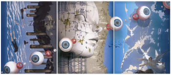 6+boys absurdres angel angel_wings bird climbing cloud commentary english_commentary eyeball highres long_hair mikasamu monument multiple_boys original rock_climbing short_hair water wings