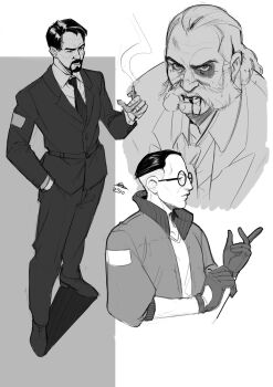 3boys blazer blood blood_from_mouth bomber_jacket breath bruise bruised_eye buzz_cut cigarette clenched_teeth coat collared_shirt commentary disco_elysium english_commentary facial_hair full_body glasses gloves greyscale harry_du_bois highres holding holding_cigarette injury jacket jean_vicquemare kim_kitsuragi male_focus monochrome multiple_boys mutton_chops narrowed_eyes necktie nurve26 serious shirt short_hair teeth very_short_hair