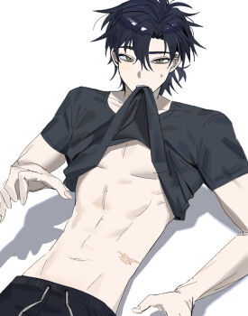 1boy abs antenna_hair black_hair black_pants black_shirt black_shorts brown_eyes cheng_xiaoshi clothes_in_mouth clothes_lift commentary_request groin hair_between_eyes highres lifting_own_clothes looking_at_viewer lying male_focus mouth_hold navel on_back pants pectorals ponytail samong scar scar_on_stomach shadow shiguang_dailiren shirt shirt_in_mouth shirt_lift short_hair short_ponytail short_sleeves shorts simple_background solo stomach sweatdrop t-shirt teeth toned toned_male underpec white_background