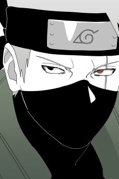 Rule 34 | 1boy, absurdres, commentary, flak jacket, forehead protector, green jacket, grey hair, hatake kakashi, heterochromia, highres, jacket, konohagakure symbol, looking to the side, male focus, mask, mouth mask, naruto (series), pnpk 1013, portrait, sanpaku, scar, scar on face, sharingan, sideways glance, solo