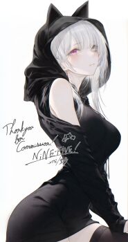 Rule 34 | 1girl, absurdres, animal hood, black bow, black dress, black thighhighs, blush, bow, breasts, commission, cropped jacket, detached sleeves, dress, english text, grey hair, hair bow, heterochromia, highres, hood, hood up, hooded jacket, jacket, large breasts, long sleeves, looking at viewer, original, red eyes, renoahh, signature, simple background, skeb commission, solo, thighhighs, white background, white hair, yellow eyes