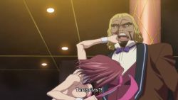 1boy 1girl animal_ears animated anime_screenshot ass back bare_shoulders between_breasts black_king_(code_geass) blonde_hair blue_eyes bouncing_breasts breasts bunny_ears_removed cleavage code_geass collarbone fake_animal_ears fake_animal_ears_removed fake_tail formal_clothes high_heels highleg highleg_leotard highres jacket kouzuki_kallen kicking large_breasts leotard neckerchief no_bra open_mouth pantyhose pink_leotard pink_pantyhose playboy_bunny punching rabbit_ears rabbit_tail red_hair red_jacket shirt sideboob sound suit tail thighs video white_shirt