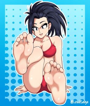 1girl armpit_crease arms_at_sides artist_name barefoot bikini black_eyes black_hair boku_no_hero_academia breasts cameltoe cleavage collarbone curious eyelashes facing_viewer feet feet_up female_focus fingernails foot_focus full_body greek_toe invisible_chair large_breasts legs lewdsaiga long_hair looking_at_viewer midriff navel neck official_alternate_costume open_mouth outstretched_legs polka_dot polka_dot_background ponytail red_bikini shiny_skin single_bang sitting soles swimsuit thighs toes two-tone_background wide_ponytail yaoyorozu_momo