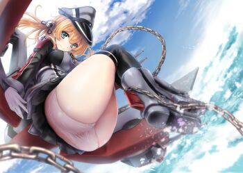ass blush book breasts chain closed_mouth covered_erect_nipples cross crossed_bangs day gloves green_eyes hair_ornament hat iron_cross jacket kantai_collection large_breasts long_sleeves looking_at_viewer machinery medium_hair military military_hat military_jacket military_uniform panties pleated_skirt prinz_eugen_(kancolle) skirt sky smile solo thighhighs thighs twintails uguisu_kagura underwear water white_panties