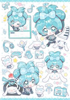 >_o 1girl :d ;3 ;q absurdres bare_shoulders black_skirt black_sleeves black_thighhighs blue_bow blue_eyes blue_hair blue_necktie bow camera chibi chibi_only cinnamiku cinnamoroll closed_mouth collared_shirt detached_sleeves double-parted_bangs fork full_body fuwa_fuwa_cinnamoroll grey_shirt hair_between_eyes hair_bow hand_up hatsune_miku heart highres holding holding_fork long_sleeves looking_at_viewer miniskirt necktie one_eye_closed open_mouth outstretched_arm pleated_skirt sanrio shirt short_hair skirt sleeveless sleeveless_shirt smile standing standing_on_one_leg star_(symbol) thighhighs tie_clip tongue tongue_out updo vocaloid yikemaohetao zettai_ryouiki