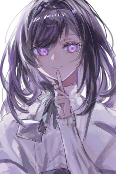 1girl arknights black_bow black_bowtie black_hair black_hairband bow bowtie breasts coat collar collared_coat commentary_request feet_out_of_frame finger_to_mouth fumi_(rdbm) hair_between_eyes hairband hand_up highres id_card index_finger_raised jacket lab_coat long_sleeves looking_at_viewer medium_hair open_clothes open_jacket open_mouth priestess_(arknights) purple_eyes shirt shushing simple_background smile solo solo_focus sweater upper_body white_background white_coat white_collar white_sweater