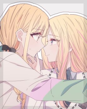 2girls black_necktie blonde_hair braid closed_mouth collared_shirt commentary eye_contact finger_to_another&#039;s_mouth fujita_kotone gakuen_idolmaster grey_background grey_shirt highres hood hoodie idolmaster jacket juo_sena kousaka_0v0 looking_at_another multiple_girls necktie outline pink_streaks purple_eyes school_uniform shirt smile sweat twin_braids white_hoodie white_jacket white_outline yellow_eyes yuri