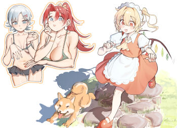 3girls :d absurdres apron ascot bare_shoulders bikini bikini_skirt black_bikini blonde_hair blue_eyes blue_hair blue_nails blush bracelet breasts cameltoe collarbone collared_shirt commentary_request crystal_wings dog fingernails flandre_scarlet frilled_apron frills grass green_bikini highres hong_meiling izayoi_sakuya jewelry large_breasts lips long_fingernails looking_at_hand maid_headdress medium_breasts multiple_girls navel open_mouth orange_outline outline path pointy_ears ponytail puffy_short_sleeves puffy_sleeves pursed_lips red_eyes red_hair red_nails red_shoes red_skirt red_vest road running shadow shirt shoes short_sleeves side_ponytail skirt slit_pupils smile stomach swimsuit touhou vest white_apron white_background wings yellow_ascot ylong