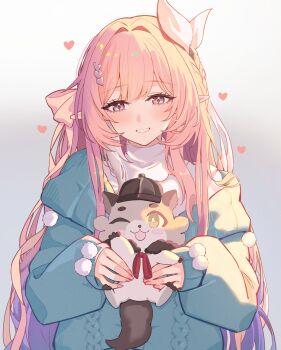 1girl aqua_sweater blush commentary commentary_request cyrene_(honkai:_star_rail) diamond_in_eye fingernails gradient_eyes grey_background grin hair_intakes hair_ornament hair_ribbon heart heart_hair_ornament highres honkai:_star_rail honkai_(series) kuwahara_taiki long_hair long_sleeves multicolored_eyes nail_polish one_eye_closed pink_eyes pink_hair pink_nails pink_ribbon pointy_ears pom_pom_(clothes) raccoon ribbon sleeves_past_wrists smile sweater white_sweater