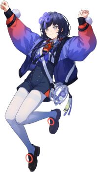 1girl arms_up artist_request black_shoes blue_hair blue_jacket blue_neckerchief blue_shorts blueberry_fairy bottle buttons closed_mouth crossbody_bag double-breasted full_body grey_eyes hair_over_shoulder high-waist_shorts jacket leg_up light_smile long_hair looking_ahead low_twintails neckerchief nijisanji official_art open_clothes open_jacket pantyhose pom_pom_(clothes) ponto_nei ponto_nei_(1st_costume) round_bag second-party_source shirt shirt_tucked_in shoes shorts simple_background sleeve_cuffs solo thighband_pantyhose transparent_background transparent_bag twintails virtual_youtuber white_pantyhose white_shirt
