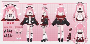 1girl amatsuka_eru amatsuka_eru_(1st_costume) animal_ear_hairband animal_ears apron belt black_belt black_bow black_bowtie black_jacket black_shoes bow bowtie breasts brooch crop_top ear_piercing earrings fake_animal_ears frilled_apron frilled_hairband frilled_skirt frills from_behind from_side hairband heart heart_brooch highres indie_virtual_youtuber jacket jacket_partially_removed jewelry leg_warmers legwear_garter long_hair looking_at_viewer miniskirt multiple_views nail_polish official_art piercing pink_hair plaid_clothes plaid_skirt platform_shoes rabbit_ear_hairband rabbit_ears red_eyes red_skirt reference_sheet shano_hiyori shoes single_fishnet_armwear single_fishnet_legwear skirt small_breasts smile straight-on thigh_strap twintails two-sided_fabric two-sided_jacket virtual_youtuber waist_apron white_leg_warmers wrist_cuffs