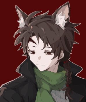 ... 1boy animal_ears animated animated_gif black_jacket braid brown_hair closed_mouth colored_eyelashes commentary ear_wiggle fox_boy fox_ears green_scarf grey_sweater harada_minoru jacket kemonomimi_mode male_focus open_clothes open_jacket red_background red_eyes ribbed_sweater saibou_shinkyoku scar scar_on_face scar_on_forehead scarf side_braid simple_background smile solo speech_bubble spoken_ellipsis sweat sweater symbol-only_commentary t-woods