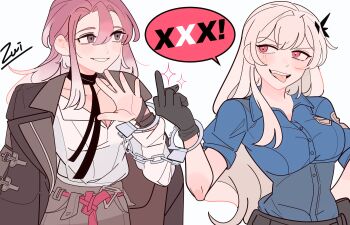 2girls absurdres anger_vein belt_pouch black_coat black_gloves black_scarf blonde_hair blue_shirt blush breasts censored_profanity cleavage coat coat_on_shoulders collarbone collared_shirt coquelic_(path_to_nowhere) gloves gradient_hair grey_skirt hair_between_eyes highres large_breasts long_hair looking_at_another making_faces middle_finger multicolored_hair multiple_girls path_to_nowhere police police_uniform pouch purple_eyes purple_hair red_eyes scarf shalom_(path_to_nowhere) shared_handcuffs shirt short_sleeves signature simple_background skirt speech_bubble tongue tongue_out upper_body very_long_hair white_background white_shirt zui_(zuihitu)