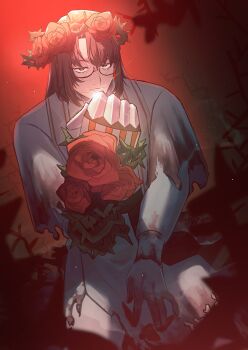 1boy absurdres alternate_costume beard_stubble black-framed_eyewear black-framed_glasses black_hair black_sash blood blood_on_clothes blood_on_face blood_on_hands blood_splatter blurry blurry_foreground brown_hair capelet closed_mouth cowboy_shot crown_of_thorns dirty dirty_clothes dress dutch_angle e.g.o_(project_moon) facial_hair flower flower_wreath foreshortening formal_clothes garden_of_thorns_(e.g.o) gauntlet gauntlets glasses gloves gregor_(project_moon) hair_between_eyes hair_flower hair_ornament hair_vines hairband half-closed_eyes hand_on_lap hand_up head_wreath highres jitome kneeling limbus_company long_hair long_sleeves looking_at_viewer looking_up male_bride male_focus official_alternate_costume pants pants_under_dress parted_bangs photoshop_(medium) plant project_moon red_background red_flower red_rose red_strips rose sanpaku sash semi-rimless_eyewear serious shoulder_sash simple_background single_gauntlet single_glove sitting solo stubble thorns torn_capelet torn_clothes torn_dress under-rim_eyewear upper_body vines waist_sash white_dress white_gloves white_pants white_sash yellow_eyes