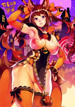 1girl animal_ears arm_behind_head arm_up armpits artist_name bat_(animal) blue_eyes bow breastless_clothes breasts breasts_out brown_hair caleen_keemosn candy choker cloud cloudy_sky dated detached_sleeves dress eyebrows_hidden_by_hair f.s. fence fog food fox_ears fox_girl fox_tail functionally_nude gate hair_bow hair_ribbon halloween halloween_costume hand_on_own_hip highres holding holding_food jack-o'-lantern jack-o'-lantern_ornament large_areolae large_breasts lollipop long_hair looking_at_viewer moon multiple_tails nipples no_bra no_panties open_mouth oversized_food oversized_object pumpkin purple_sky pussy revealing_clothes ribbon runes scowl seductive_smile sharp_teeth signature silhouette sky smile standing star_(sky) star_ocean star_ocean:_anamnesis starry_sky tail teeth thick_thighs thighhighs thighs third-party_edit twintails uncensored underboob v-shaped_eyes very_long_hair wide_hips window