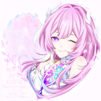 1girl ;) absurdres bare_shoulders breasts cnp_t_000hust commentary cyrene_(honkai:_star_rail) cyrene_(ripples_of_past_reverie)_(honkai:_star_rail) diamond-shaped_pupils diamond_(shape) earrings flower hair_flower hair_ornament highres honkai:_star_rail honkai_(series) jewelry long_hair looking_at_viewer medium_breasts multicolored_hair one_eye_closed pink_hair pointy_ears purple_eyes simple_background smile solo symbol-only_commentary symbol-shaped_pupils two-tone_hair upper_body very_long_hair white_background white_hair