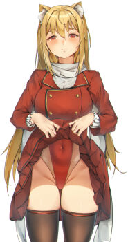 1girl animal_ear_fluff animal_ear_hairband animal_ears black_thighhighs blonde_hair blush breasts buttons cat_ears closed_mouth clothes_lift commentary commission covered_navel cowboy_shot double-breasted fake_animal_ears frilled_sleeves frills grayfox groin hairband highleg highleg_one-piece_swimsuit highres jacket large_breasts lifting_own_clothes long_hair long_sleeves looking_at_viewer miniskirt one-piece_swimsuit original pleated_skirt rabbit_ear_hairband rabbit_ears red_jacket red_one-piece_swimsuit red_skirt scarf shirt simple_background skirt skirt_lift smile solo straight-on swimsuit swimsuit_under_clothes thigh_gap thighhighs two-tone_one-piece_swimsuit white_background white_one-piece_swimsuit white_scarf white_shirt