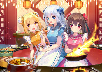 +_+ 3girls :d :o ainy aitsuki_nakuru apron blonde_hair blue_dress blue_eyes blue_flower blue_hair blush breasts brown_hair bun_cover burning commentary_request cooking_pot double_bun dress fire flower food frilled_apron frills frying_pan hair_between_eyes hair_bun hair_flower hair_ornament holding holding_frying_pan holding_ladle indoors kitchen la_priere ladle lantern large_breasts long_hair medium_breasts multiple_girls natsume_itsuki_(voice_actor) nayuta_(voice_actor) open_mouth red_dress red_eyes red_flower short_hair smile soup waist_apron white_apron yellow_dress yellow_eyes