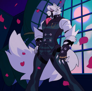 1boy absurdres animal_ears ascot bicep_strap black_pants body_fur claws collared_vest colored_tips curtains falling_petals fingerless_gloves furry furry_male gloves hand_on_own_hip highres male_focus moon multicolored_hair muzzle_(mask) pants petals red_ascot red_eyes red_petals sarakipin standing tail vest von_lycaon white_fur window wolf_boy wolf_ears wolf_tail zenless_zone_zero