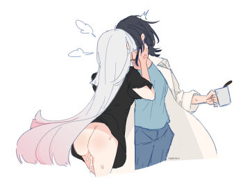 Rule 34 | 2girls, aftersex, anger vein, artist name, ass, black hair, black shirt, blue shirt, bottomless, cho kaguya-hime!, commentary, cropped legs, cum, cum on body, cup, futa with female, futanari, gradient hair, highres, hinagi (fox priest), holding, holding cup, kiss, lab coat, long hair, medium hair, multicolored hair, multiple girls, pink hair, purple nails, runami yachiyo, sakayori iroha, shirt, short sleeves, sweat, very long hair, white background, white hair