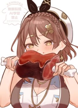 1girl atelier_(series) atelier_ryza bare_shoulders black_ribbon boned_meat breasts brown_eyes brown_hair cleavage eating food hair_ribbon hat highres holding holding_food jewelry kaninoko large_breasts meat pendant reisalin_stout ribbon shirt solo upper_body white_hat white_shirt