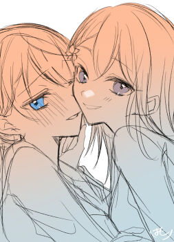 2girls blue_eyes blush commentary flower hair_flower hair_ornament hanasato_minori hand_on_another&#039;s_face hatori_naco highres kiritani_haruka long_hair looking_at_viewer multiple_girls parted_lips partially_colored project_sekai purple_eyes short_hair smile symbol-only_commentary yuri