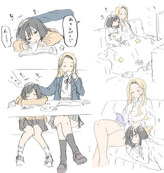 2girls :t black_hair black_hairband black_skirt black_socks blazer blonde_hair blue_jacket brown_sweater cellphone closed_eyes collared_shirt commentary_request couch crossed_legs cup dress_shirt drinking facial_scar grey_skirt hairband hand_on_another's_head head_on_table headpat holding holding_cup holding_pencil holding_phone holding_stuffed_toy jacket kirarazaka_marina kuze_shizuka lap_pillow loafers long_hair multiple_girls multiple_views no_pants open_clothes open_jacket partially_colored pencil pencil_case phone pleated_skirt pottode scar scar_on_cheek scar_on_face school_uniform shared_blanket shirt shoes short_hair side-by-side sitting skirt sleeping slippers smartphone sneakers socks studying stuffed_animal stuffed_toy sweater takopii_no_genzai teacup television watching_television white_shirt white_socks yuri zzz