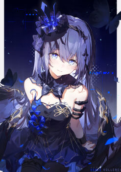 Rule 34 | 1girl, absurdres, art study, bare shoulders, black bow, black bowtie, black dress, black hairband, black pantyhose, blue butterfly, blue dress, blue eyes, blue hair, blue pupils, bow, bowtie, breasts, bug, butterfly, character name, chinese commentary, cleavage, closed mouth, colored inner hair, commentary request, crown, dress, gradient clothes, gradient dress, hair between eyes, hair ornament, hairband, highres, honkai (series), honkai impact 3rd, insect, light blush, long hair, looking at viewer, medium breasts, multicolored hair, official alternate costume, pantyhose, seele vollerei, seele vollerei (eternal night's embrace), seele vollerei (herrscher of rebirth), solo, szi f