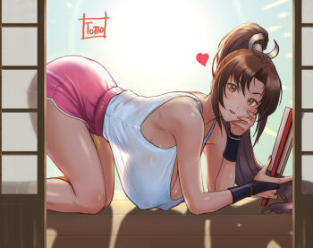 Rule 34 | 1girl, all fours, breasts, brown eyes, brown hair, fatal fury, female focus, hand fan, highres, holding, holding fan, large breasts, long hair, looking at viewer, no bra, parted lips, pink shorts, ponytail, see-through clothes, see-through shirt, shiranui mai, shirt, shorts, smile, solo, street fighter, street fighter 6, tomo eokaiteru, white shirt