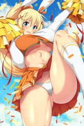 Rule 34 | 1girl, animal ears, arm up, blonde hair, blue eyes, blue sky, blurry, blurry background, blush, braid, breasts, cheerleader, clothes lift, cloud, commentary, commission, confetti, darkness (konosuba), day, english commentary, fake animal ears, gluteal fold, groin, hair ornament, hair ribbon, hairclip, hand up, high ponytail, highres, holding, holding pom poms, kneehighs, kono subarashii sekai ni shukufuku wo!, large breasts, leg up, lindaroze, linea alba, long hair, looking at viewer, navel, open mouth, orange ribbon, orange shirt, orange skirt, outdoors, paid reward available, panties, pleated skirt, pom pom (cheerleading), pom poms, raised eyebrows, ribbon, shirt, skirt, skirt lift, sky, socks, solo, standing, standing on one leg, thick thighs, thighs, twitter username, unaligned breasts, underboob, underwear, white panties, white shirt, white socks, x hair ornament