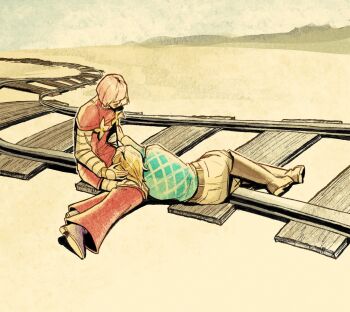 1boy 1girl aqua_sweater argyle_clothes argyle_sweater bandages belt blonde_hair bodysuit boots brown_belt brown_boots capelet commentary diego_brando dress english_commentary flower_ornament gold_flower grey_bodysuit grey_pants highres hot_pants_(sbr) jojo_no_kimyou_na_bouken lap_pillow leg_warmers lying mikibagels on_side pants pink_hair purple_shoes railroad_tracks red_capelet red_dress red_leg_warmers shoes short_hair sitting spirit steel_ball_run sweater turtleneck turtleneck_sweater