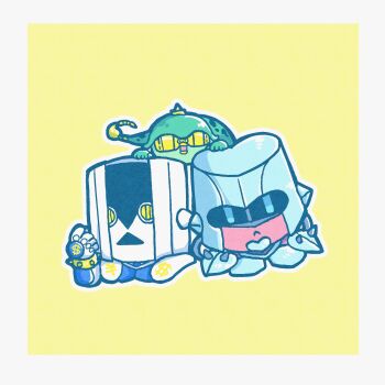 3others :< border chibi chibi_only commentary crazy_diamond diamond_wa_kudakenai dollar_sign echoes_(stand) highres jojo_no_kimyou_na_bouken kasasagi_(hinagi) multiple_others outline stand_(jojo) symbol-only_commentary the_hand_(stand) white_border white_outline yellow_background