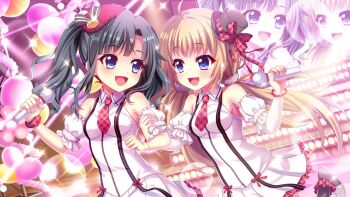 2girls :d ahoge aunt_and_niece balloon black_hair black_hat black_pantyhose blue_eyes bracelet breasts checkered_floor concert detached_sleeves dot_nose dress dutch_angle film_grain game_cg grabbing_another's_arm hair_ornament hair_scrunchie hat hat_ornament hat_ribbon high_heels holding holding_microphone itsumura_haruka itsumura_yukari izumi_tsubasu jewelry lens_flare light_brown_hair long_hair looking_at_another low_twintails medium_hair microphone mini_hat mini_top_hat multiple_girls necktie non-web_source official_art open_mouth pantyhose plaid_clothes plaid_necktie plaid_ribbon plaid_scrunchie pumps re:stage! red_hat red_necktie red_ribbon red_scrunchie ribbon screen scrunchie shoes short_dress short_necktie sidelocks sleeveless sleeveless_dress small_breasts smile sparkle stage stage_lights stairs tilted_headwear tinsel top_hat twintails white_dress white_footwear white_scrunchie white_sleeves wrist_scrunchie