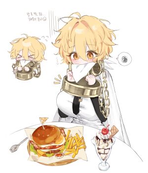 1girl a73398190 black_necktie black_sleeves blonde_hair blush bound bound_wrists breasts burger chained_wrists checkered_flag cherry chibi chibi_inset cloak collar don_quixote_(project_moon) dot_nose double-parted_bangs flag food french_fries fruit hair_between_eyes hands_up highres ice_cream index_(identity)_(project_moon) ketchup korean_text large_breasts limbus_company looking_at_food looking_down messy_hair metal_collar mouth_hold napkin necktie notice_lines orange_eyes plate project_moon shirt short_hair simple_background solo spoken_squiggle spork squiggle sundae table tie_clip translation_request white_background white_cloak white_shirt