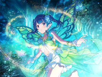 Rule 34 | 1girl, :t, blue hair, choker, closed mouth, cosplay, dress, earrings, fairy, fairy wings, flower, game cg, green dress, hair flower, hair ornament, jewelry, light particles, long hair, looking at viewer, navel, official art, outstretched arms, peter pan (novel), pointy ears, pout, purple eyes, shoujo kageki revue starlight, shoujo kageki revue starlight -re live-, solo, tinker bell (novel character), tinker bell (novel character) (cosplay), tomoe tamao, twintails, two-tone dress, v-shaped eyebrows, white dress, wings