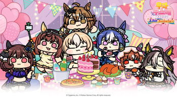 6+girls :3 :d :t admire_groove_(umamusume) ahoge animal_ears blonde_hair blue_hair blush brown_hair buena_vista_(umamusume) cake chewing chibi copyright_logo copyright_notice cupcake dream_journey_(umamusume) durandal_(umamusume) food gentildonna_(umamusume) gradient_hair highres horse_ears horse_girl horse_tail jazz_jack jungle_pocket_(umamusume) logo multicolored_hair multiple_girls official_art open_mouth party pink_eyes red_eyes selfie_stick smile still_in_love_(umamusume) streaked_hair tail turkey_(food) umamusume