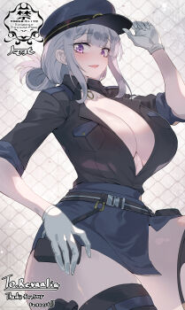 1girl belt belt_buckle bilingual_commentary black_belt black_choker black_shirt blue_skirt breast_pocket breasts buckle character_request choker cleavage commentary commission copyright_request cowboy_shot double-parted_bangs english_commentary gloves grey_hair highres huge_breasts looking_at_viewer matsumoto_tomoyohi miniskirt mixed-language_commentary open_mouth partially_unbuttoned pocket purple_eyes shirt short_hair sidelocks skeb_commission skirt smile solo white_gloves
