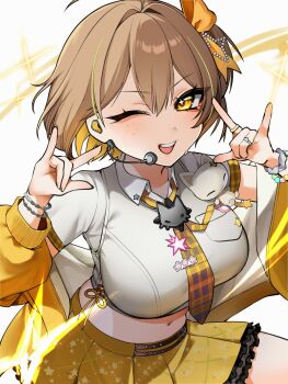 1girl ;d \m/ anis_(nikke) anis_(star)_(t.t._star)_(nikke) bracelet breasts brown_eyes commentary cowboy_shot cropped_shirt double_\m/ english_commentary facial_mark goddess_of_victory:_nikke hands_up headset highres jacket jewelry large_breasts leziness_s2 looking_at_viewer midriff multiple_bracelets multiple_rings navel necktie off_shoulder official_alternate_costume one_eye_closed one_side_up open_clothes open_jacket open_mouth plaid_clothes plaid_necktie ring shirt simple_background skirt smile solo standing star-shaped_pupils star_(symbol) star_facial_mark star_print sweatdrop symbol-shaped_pupils teeth upper_teeth_only white_background white_shirt yellow_jacket yellow_skirt