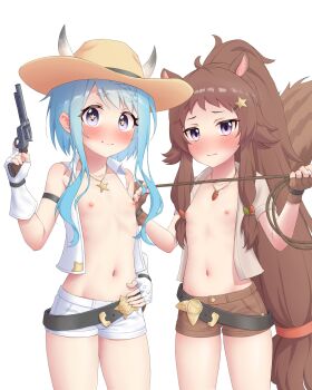 Rule 34 | 2girls, absurdres, animal ears, blue hair, blush, breasts, cowboy hat, flat chest, gun, hat, highres, lasso, mahiru (princess connect!), multiple girls, nipples, princess connect!, ribs, rin (princess connect!), ruinone, tail, weapon