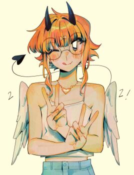 1other ;q artist_self-insert bare_shoulders birthday camisole character_age commentary demon_horns demon_tail double_v english_commentary fang glasses goomyloid heart heart_necklace highres horns jewelry necklace one_eye_closed orange_hair original other_focus short_hair_with_long_locks skin_fang solo tail tongue tongue_out v white_camisole white_wings wings