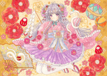 Rule 34 | > <, 1girl, 2025, animal, ball, bow, camellia, camellia print, cherry blossoms, chinese clothes, chinese zodiac, daruma doll, double bun, dress, dress bow, floral background, floral print, flower, fold-over collar, folding fan, forked tongue, frilled dress, frilled kimono, frilled socks, frills, furisode sleeves, geta, gohei, hair bun, hair flower, hair ornament, hairclip, hand fan, hisakata (hisa nn), holding, holding gohei, japanese clothes, kanzashi, kimono, kimono skirt, lace, lace-trimmed dress, lace-trimmed kimono, lace trim, lolita fashion, long hair, looking at viewer, miko, mixed media, obi, original, oversized animal, pastel colors, pink kimono, purple eyes, purple hair, qi lolita, red flower, ribbon-trimmed thighhighs, ribbon trim, sash, short kimono, smile, snake, socks, sweet lolita, temari ball, thighhighs, tongue, wa lolita, white snake, wide sleeves, year of the snake