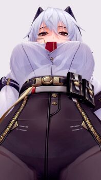 1girl 3d abilfloridaarts absurdres belt breasts from_below hair_between_eyes highres horns large_breasts long_hair long_sleeves looking_at_viewer looking_down mole mole_under_eye necktie pants pantyhose red_eyes red_necktie shirt simple_background solo tight_clothes tight_pants white_background white_hair white_shirt wuthering_waves zani_(wuthering_waves)