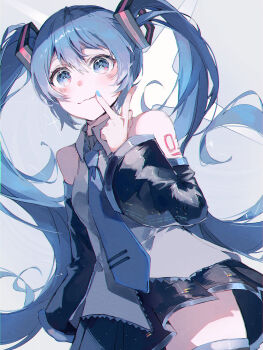 Rule 34 | 1girl, aqua nails, black skirt, black sleeves, blue eyes, blue hair, blue necktie, blush, bonnodori1, closed mouth, collared shirt, commentary, cowboy shot, detached sleeves, grey background, hand up, hatsune miku, highres, long hair, long sleeves, looking at viewer, miniskirt, nail polish, necktie, number tattoo, pleated skirt, shirt, shoulder tattoo, simple background, skirt, sleeveless, sleeveless shirt, smile, solo, standing, tattoo, twintails, v, very long hair, vocaloid, white shirt