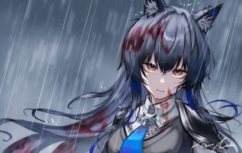1girl absurdres animal_ear_piercing animal_ears arknights black_cape black_hair blood blood_in_hair blood_on_face blurry blurry_background cape closed_mouth collared_shirt commentary_request hair_between_eyes highres long_hair looking_at_viewer multicolored_eyes orange_eyes outdoors portrait purple_eyes rain rau_ma_(the_rauma001) serious shirt signature solo staring texas_(arknights) texas_the_omertosa_(arknights) two-tone_eyes wet white_shirt wind wolf_ears wolf_girl