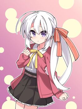 Rule 34 | 1girl, :t, ahoge, ayachi nene, black skirt, blush, bow, bowtie, casual, chinese commentary, clenched hands, closed mouth, collared shirt, commentary request, cowboy shot, eyes visible through hair, frilled skirt, frills, fuyou lev, grey hair, hair between eyes, hand up, high-waist skirt, highres, huge ahoge, jacket, long hair, long ribbon, looking at viewer, making-of available, neck ribbon, official alternate costume, official alternate hairstyle, open clothes, open jacket, outline, pink background, pleated skirt, pout, purple eyes, red jacket, red ribbon, ribbon, sanoba witch, shirt, side ponytail, sidelocks, simple background, skirt, sleeves past wrists, solo, very long hair, white outline, white shirt, yellow bow, yellow bowtie, yellow ribbon