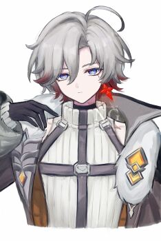 1boy black_gloves blue_eyes brown_coat closed_mouth coat commentary_request cropped_torso earrings fur-trimmed_coat fur_trim genshin_impact gloves grey_hair hand_up highres illuga_(genshin_impact) jewelry looking_at_viewer male_focus mochiumai29 mole mole_under_eye multicolored_hair open_clothes open_coat red_hair ribbed_sweater scar scar_on_neck short_hair simple_background single_earring solo sweater turtleneck turtleneck_sweater two-sided_coat two-sided_fabric upper_body watermark white_background white_sweater