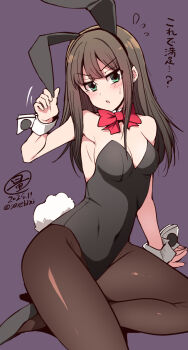 1girl animal_ear_hairband animal_ears black_hair black_leotard bow bowtie breasts commentary_request detached_collar fake_animal_ears green_eyes hairband highres idolmaster idolmaster_cinderella_girls leotard long_hair looking_at_viewer medium_breasts pantyhose playboy_bunny rabbit_ears rabbit_tail red_bow red_bowtie serebi_ryousangata shibuya_rin signature solo strapless strapless_leotard tail translation_request wrist_cuffs