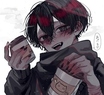 1boy :d @_@ aegyo_sal black_eyes black_hair black_jacket black_scarf commentary_request crossed_bangs cup disposable_coffee_cup disposable_cup double-parted_bangs grin hair_between_eyes head_tilt holding holding_cup hosikage4040 jacket looking_at_viewer male_focus open_mouth original scar scar_on_arm scarf self-harm short_hair smile snow snowing solo translation_request upper_body wrist_cutting