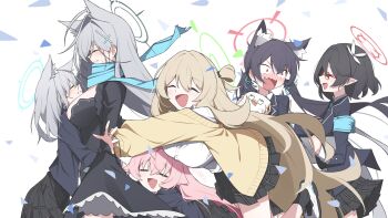 6+girls absurdres animal_ear_fluff animal_ears ayane_(blue_archive) blue_archive blush breasts cat_ears cat_girl closed_eyes extra_ears foreclosure_task_force_(blue_archive) group_hug halo happy hashtag-only_commentary headpat highres hoshino_(blue_archive) hug large_breasts mmhomm multiple_girls nonomi_(blue_archive) peroro_(blue_archive) pointy_ears school_uniform serika_(blue_archive) shiroko_(blue_archive) shiroko_terror_(blue_archive) white_background wolf_ears wolf_girl