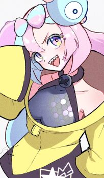 1girl bare_shoulders blue_hair bow-shaped_hair breasts character_hair_ornament collarbone criss-cross_halter fake_hair_bun gen_1_pokemon hair_ornament halter_shirt halterneck hexagon_print highres iono_(pokemon) jacket long_hair magnemite medium_breasts meru_merume603 multicolored_hair nintendo open_mouth oversized_clothes pink_hair pokemon pokemon_sv sharp_teeth sleeves_past_wrists smile solo split-color_hair teeth upper_body x_(symbol) yellow_jacket
